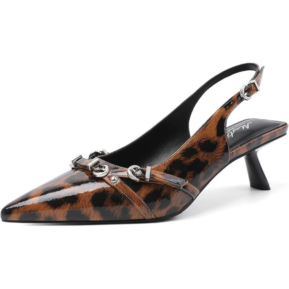 Women's Leopard Pointed Toe Pumps Patent Leather Slingback Heels With Buckle